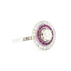 Pamono 1930 Antique French Art Deco Engagement Ring, Platinum, Diamonds, and Ruby Halo><noscript><img width=
