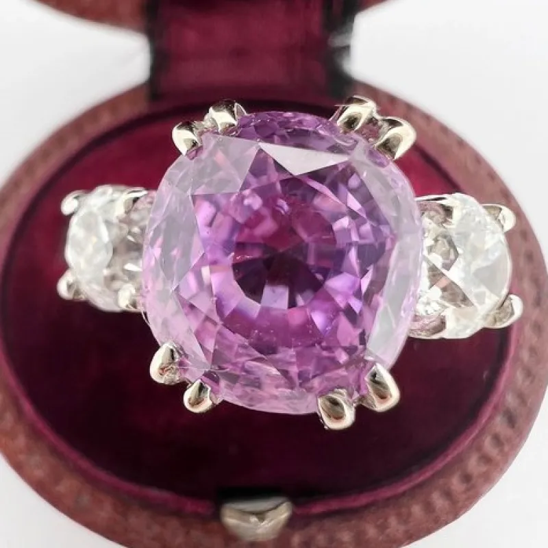 Pamono 5 Carat Pink Ceylon Sapphire and Diamond Gold Trilogy Ring> Rings