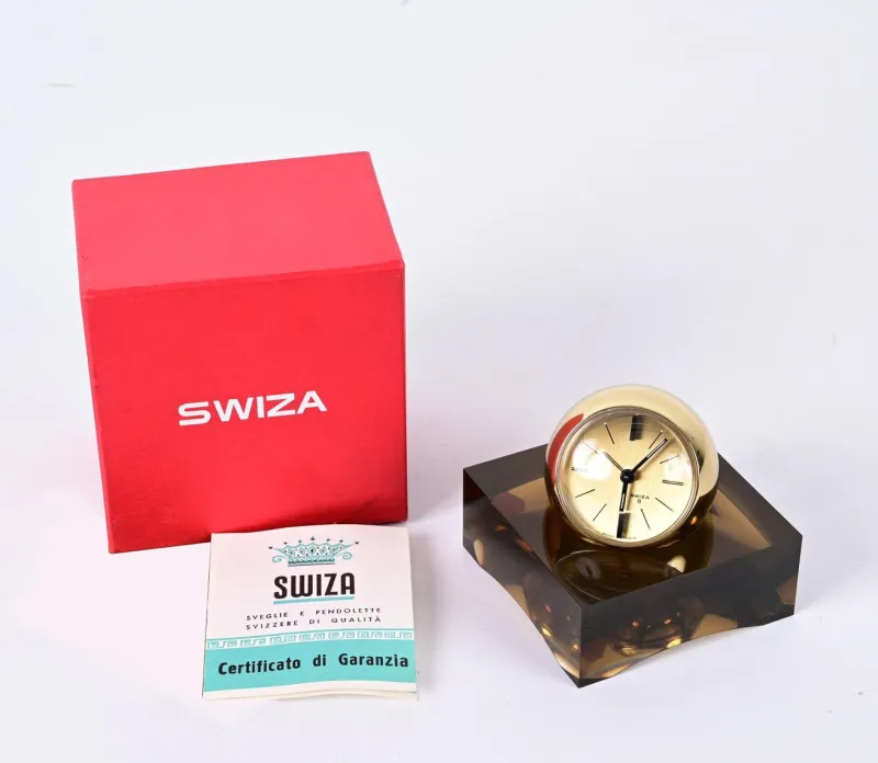 Pamono 8 Day Gilt Sphere Clock with Smoked Acrylic Glass Base in Box from Swiza, 1970s> Clocks