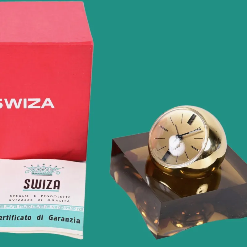 Pamono 8 Day Gilt Sphere Clock with Smoked Acrylic Glass Base in Box from Swiza, 1970s> Clocks