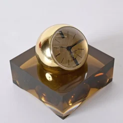 Pamono 8 Day Gilt Sphere Clock with Smoked Acrylic Glass Base in Box from Swiza, 1970s><noscript><img width=
