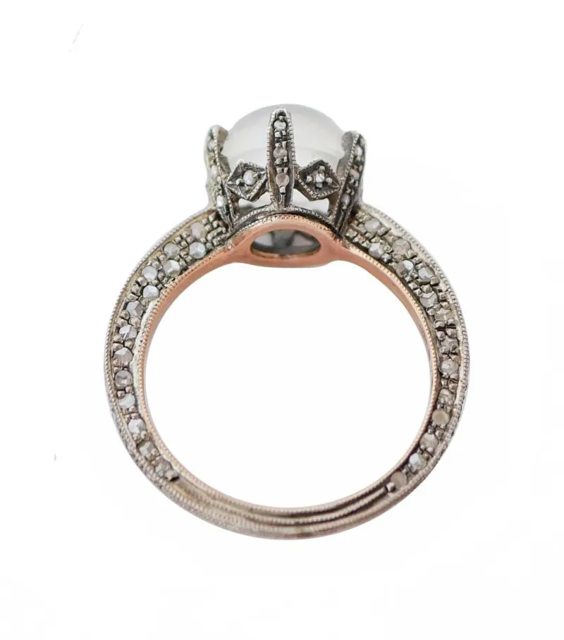 Pamono 18 Karat Rose Gold and Silver Ring with Moonstone and Diamonds> Rings