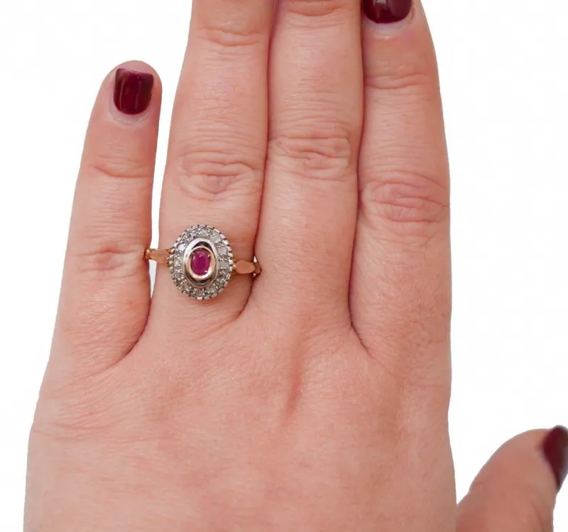 New Pamono 18 Karat Rose Gold and Silver Ring with Ruby and Diamonds
