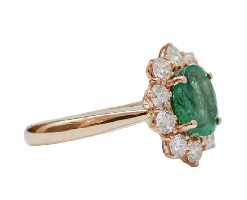 Pamono 18 Karat Rose Gold Ring with Emerald and Diamonds> Rings