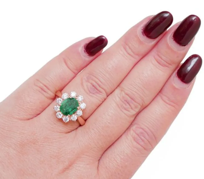 Pamono 18 Karat Rose Gold Ring with Emerald and Diamonds> Rings