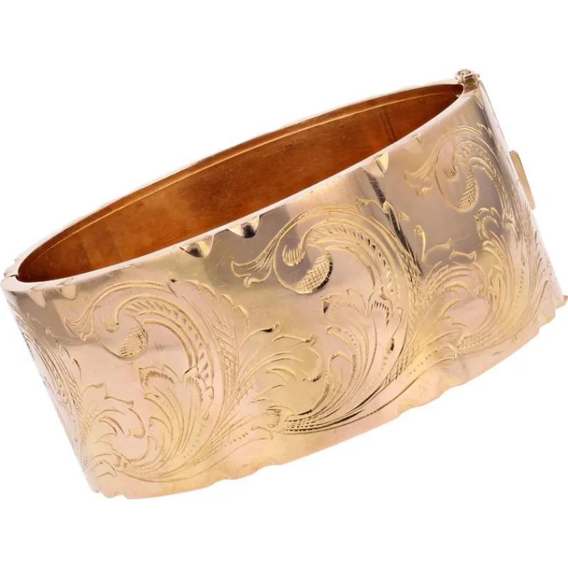 Clearance Pamono 18 Karat Rose Gold Wide Bangle Bracelet with Leaves Pattern, 1960s