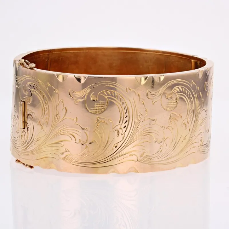Clearance Pamono 18 Karat Rose Gold Wide Bangle Bracelet with Leaves Pattern, 1960s