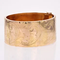 Clearance Pamono 18 Karat Rose Gold Wide Bangle Bracelet with Leaves Pattern, 1960s