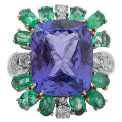 Pamono 18 Karat White and Rose Gold Ring with Tanzanite, Emeralds and Diamonds> Rings