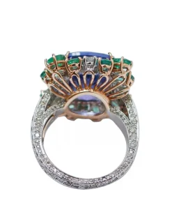 Pamono 18 Karat White and Rose Gold Ring with Tanzanite, Emeralds and Diamonds><noscript><img width=