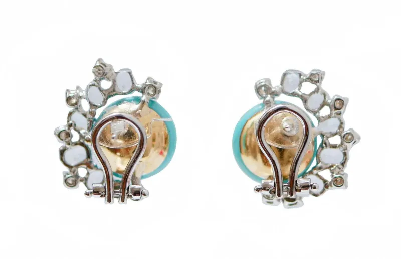 Clearance Pamono 18 Karat White Gold and Rose Gold Earrings with Turquoises, Aquamarines and Diamonds, Set of 2