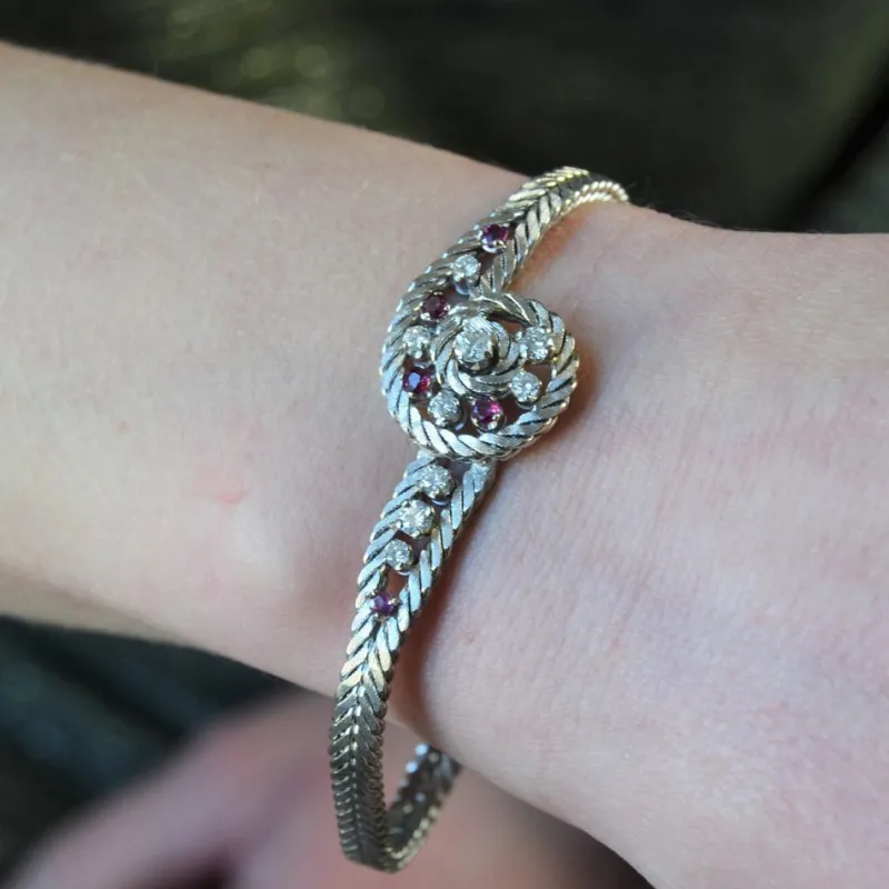 Pamono 18 Karat White Gold Bracelet with Ruby and Diamonds, 1950s> Bracelets