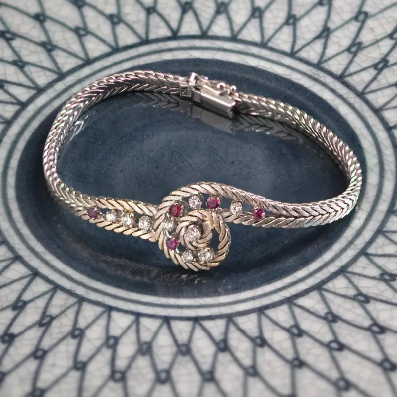 Pamono 18 Karat White Gold Bracelet with Ruby and Diamonds, 1950s> Bracelets