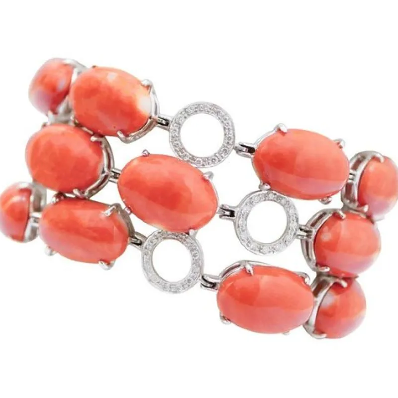 Pamono 18 Karat White Gold Bracelet with Coral and Diamonds> Bracelets