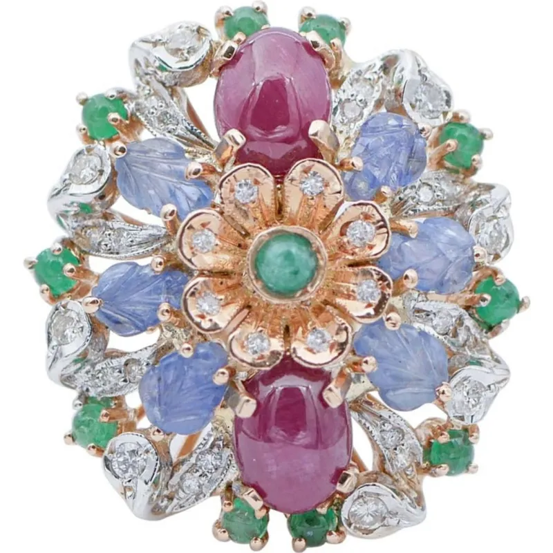 Clearance Pamono 18 Karat White Gold Ring with Rubies, Sapphires, Emeralds, Diamonds and Rose