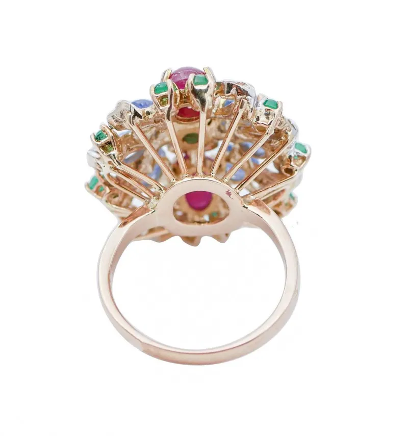 Clearance Pamono 18 Karat White Gold Ring with Rubies, Sapphires, Emeralds, Diamonds and Rose