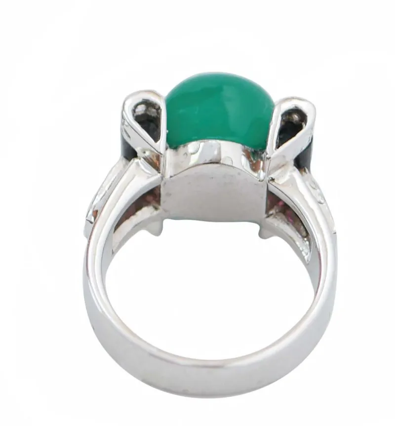 Pamono 18 Karat White Gold Ring with Green Agate, Onyx, Rubies and Diamonds> Rings