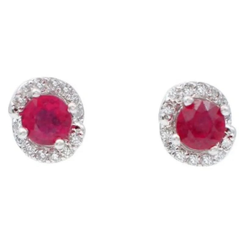 Clearance Pamono 18 Karat White Gold Stud Earrings with Rubies and Diamonds, Set of 2