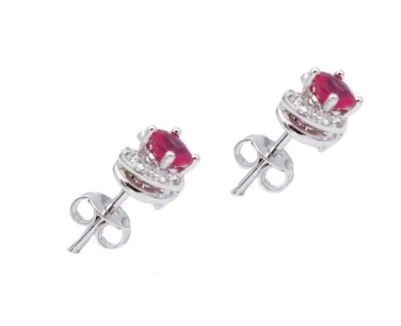 Clearance Pamono 18 Karat White Gold Stud Earrings with Rubies and Diamonds, Set of 2