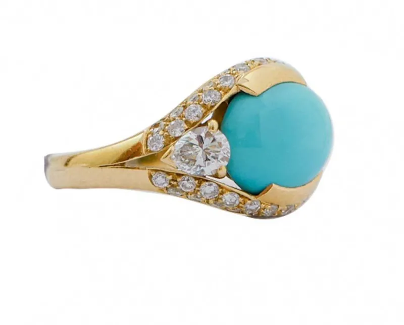Pamono 18 Karat Yellow 18 Karat Gold Ring with Turquoise and Diamonds> Rings