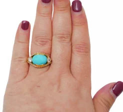 Pamono 18 Karat Yellow 18 Karat Gold Ring with Turquoise and Diamonds><noscript><img width=