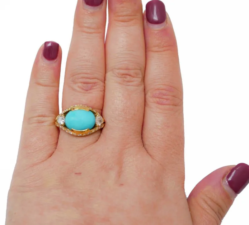 Pamono 18 Karat Yellow 18 Karat Gold Ring with Turquoise and Diamonds> Rings