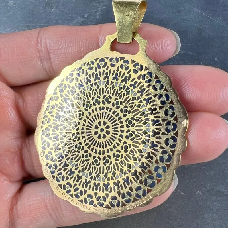 Pamono 18 Karat Yellow Gold and Enamel Notre Dame Paris Rose Window Plique a Jour Pendant Medal, 1980s> Necklaces