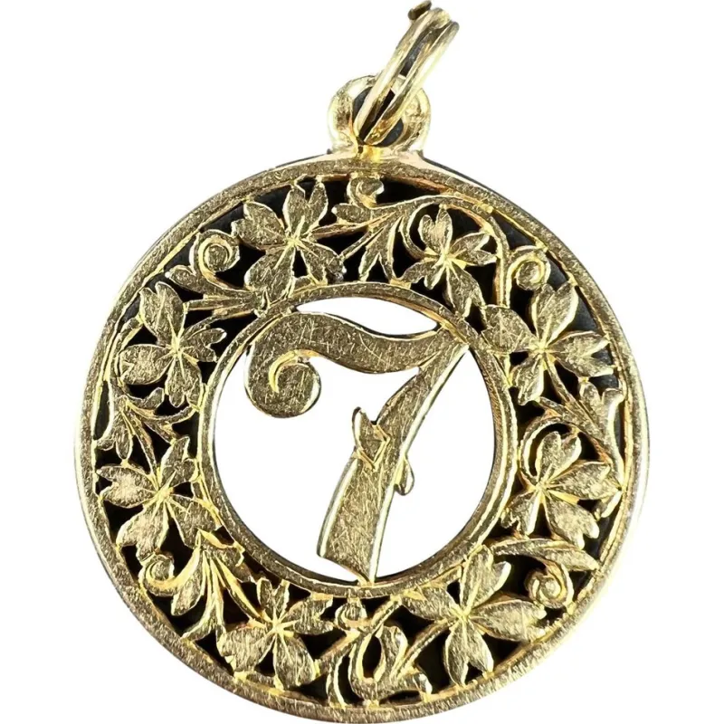 Pamono 18 Karat Yellow Gold Lucky Number 7 4-Leaf Clover Good Luck Charm Pendant, 1890s> Necklaces