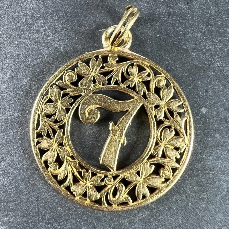 Pamono 18 Karat Yellow Gold Lucky Number 7 4-Leaf Clover Good Luck Charm Pendant, 1890s> Necklaces