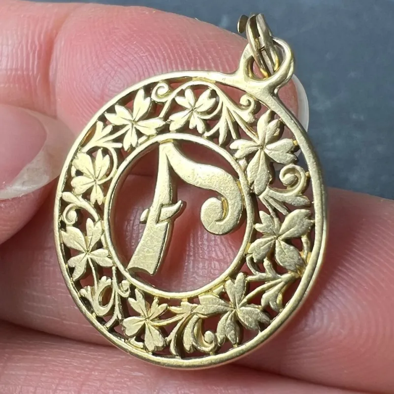 Pamono 18 Karat Yellow Gold Lucky Number 7 4-Leaf Clover Good Luck Charm Pendant, 1890s> Necklaces