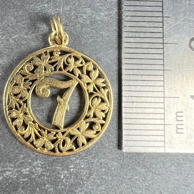Pamono 18 Karat Yellow Gold Lucky Number 7 4-Leaf Clover Good Luck Charm Pendant, 1890s> Necklaces