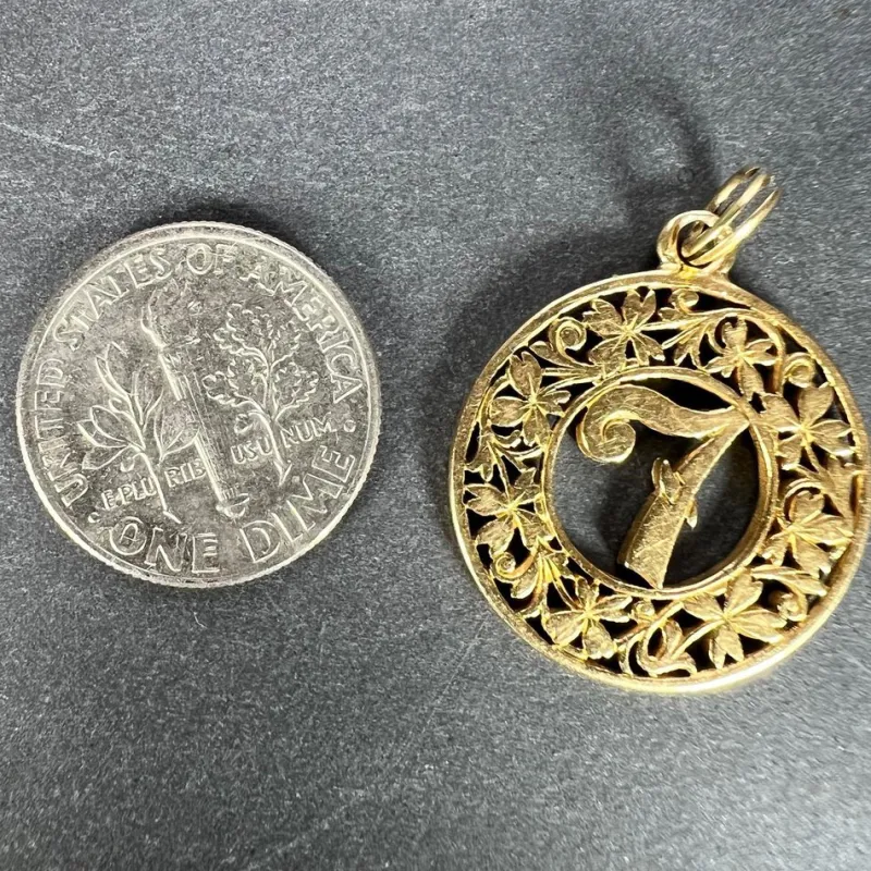 Pamono 18 Karat Yellow Gold Lucky Number 7 4-Leaf Clover Good Luck Charm Pendant, 1890s> Necklaces