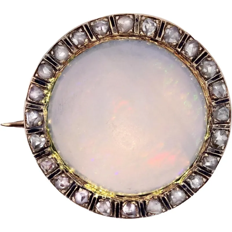 Pamono 18 Karat Yellow Gold Round Brooch with Opal, Diamonds & Enamel, 1930s> Brooches