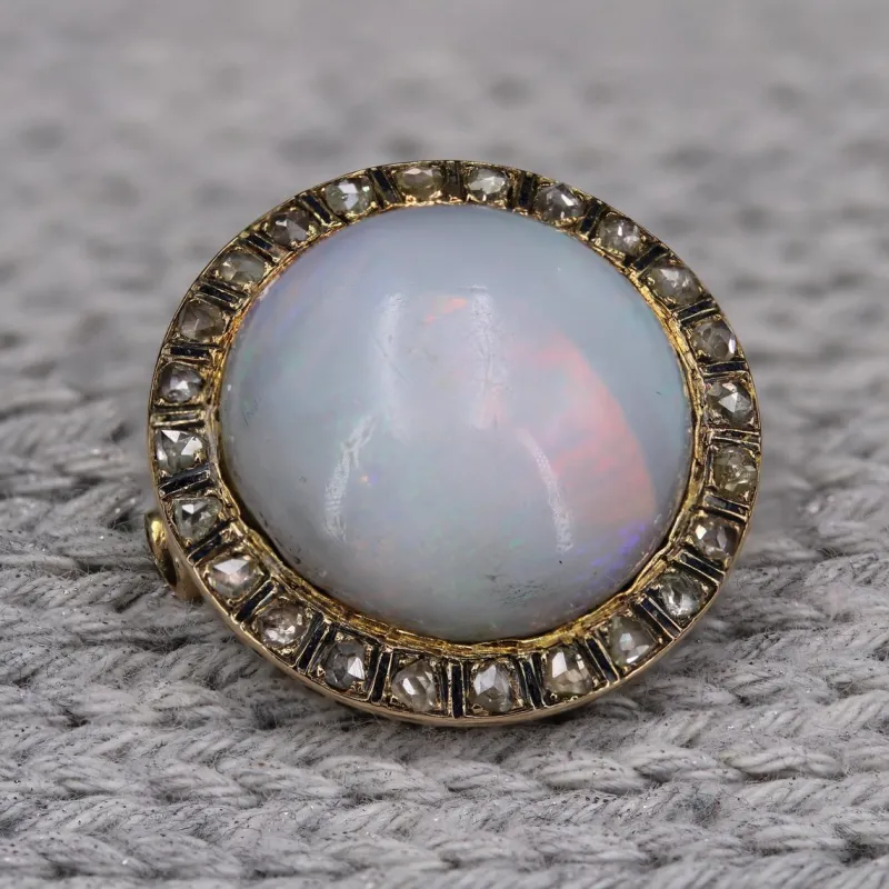 Pamono 18 Karat Yellow Gold Round Brooch with Opal, Diamonds & Enamel, 1930s> Brooches