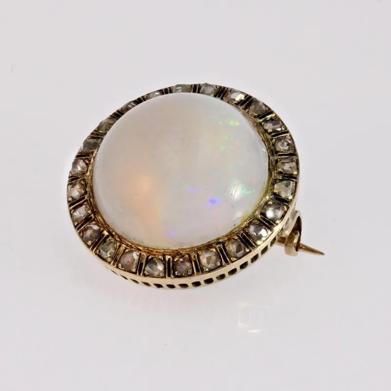 Pamono 18 Karat Yellow Gold Round Brooch with Opal, Diamonds & Enamel, 1930s> Brooches