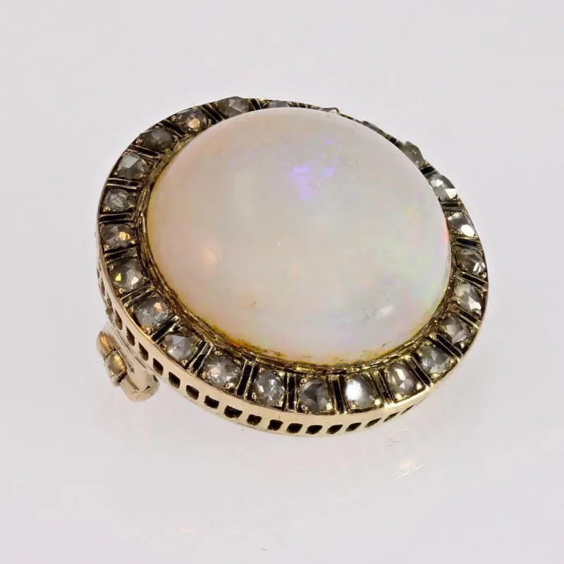 Pamono 18 Karat Yellow Gold Round Brooch with Opal, Diamonds & Enamel, 1930s> Brooches