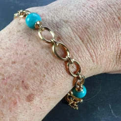 Pamono 18 Karat Yellow Gold Turquoise Link Bracelet, 1960s><noscript><img width=