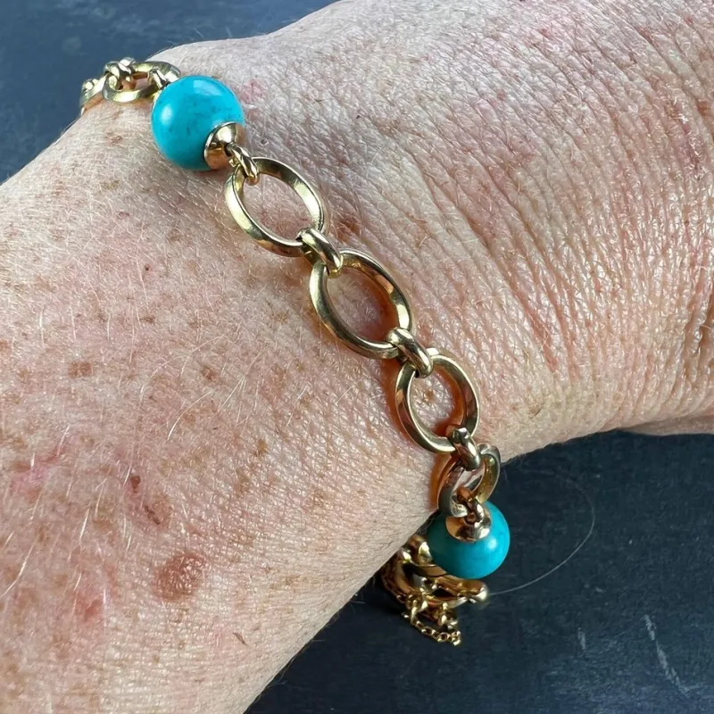Pamono 18 Karat Yellow Gold Turquoise Link Bracelet, 1960s> Bracelets
