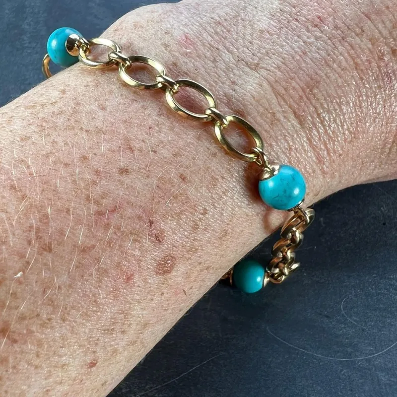 Pamono 18 Karat Yellow Gold Turquoise Link Bracelet, 1960s> Bracelets