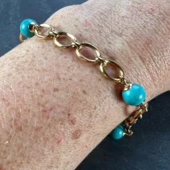 Pamono 18 Karat Yellow Gold Turquoise Link Bracelet, 1960s><noscript><img width=