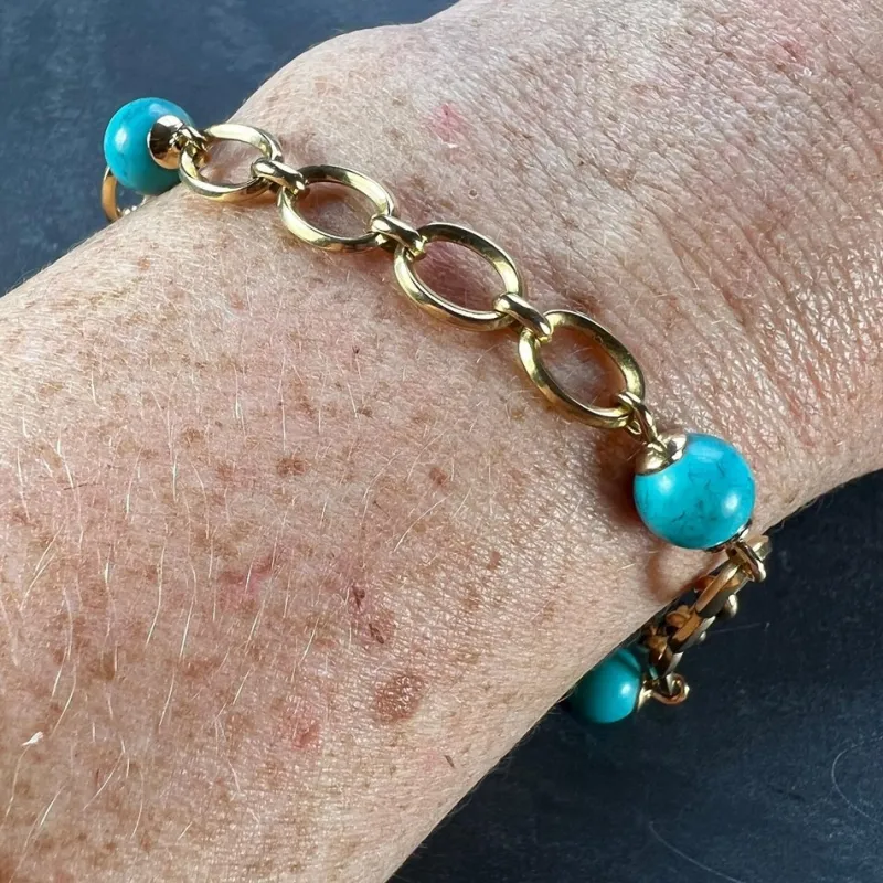 Pamono 18 Karat Yellow Gold Turquoise Link Bracelet, 1960s> Bracelets