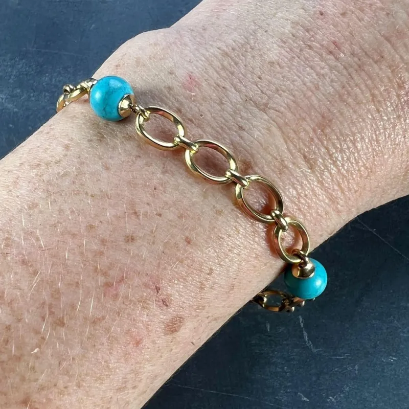 Pamono 18 Karat Yellow Gold Turquoise Link Bracelet, 1960s> Bracelets