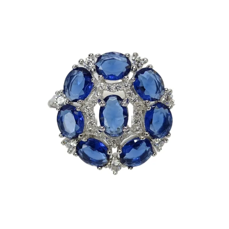 Pamono 925 Silver Rosette Ring with Sapphire Root and Zircons, Italy, 21st Century> Rings
