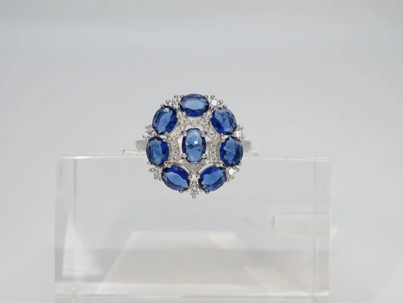 Pamono 925 Silver Rosette Ring with Sapphire Root and Zircons, Italy, 21st Century> Rings