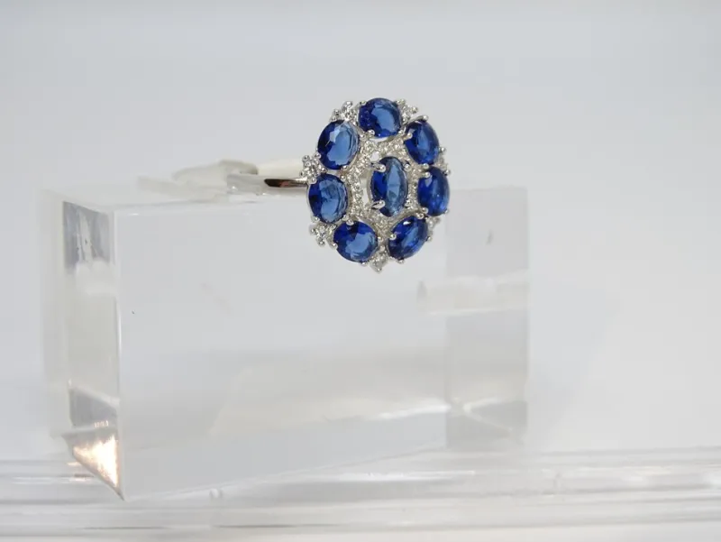 Pamono 925 Silver Rosette Ring with Sapphire Root and Zircons, Italy, 21st Century> Rings