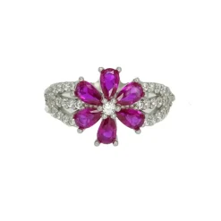 Outlet Pamono 925 Sterling Silver Flower Ring with Ruby Root and Zircons, Italy, 21st Century
