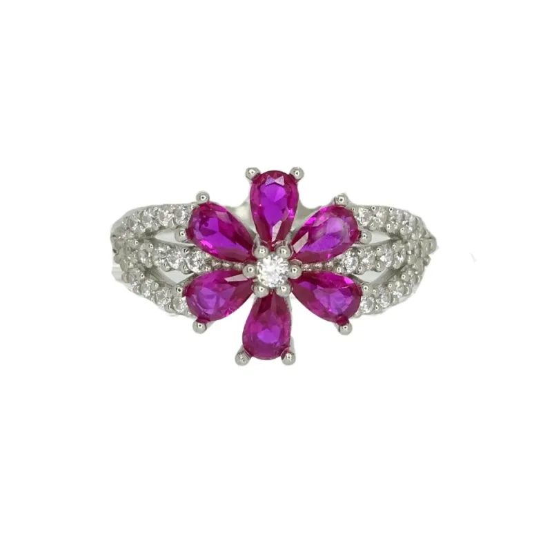 Outlet Pamono 925 Sterling Silver Flower Ring with Ruby Root and Zircons, Italy, 21st Century