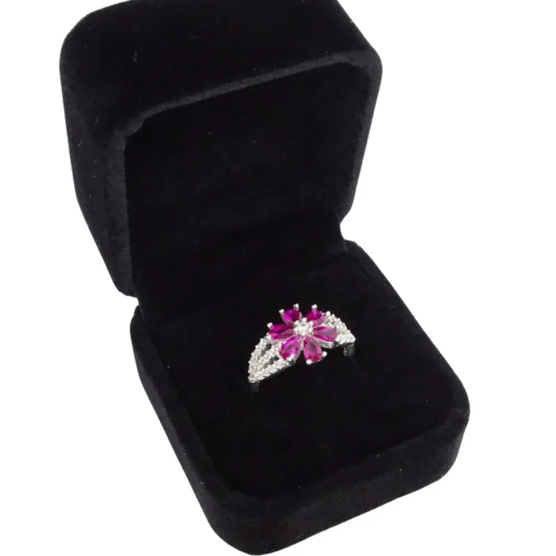 Outlet Pamono 925 Sterling Silver Flower Ring with Ruby Root and Zircons, Italy, 21st Century
