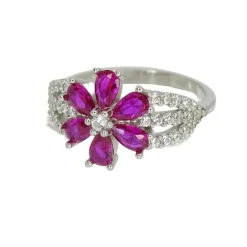 Outlet Pamono 925 Sterling Silver Flower Ring with Ruby Root and Zircons, Italy, 21st Century