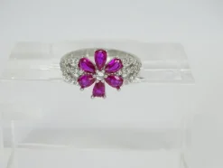 Outlet Pamono 925 Sterling Silver Flower Ring with Ruby Root and Zircons, Italy, 21st Century